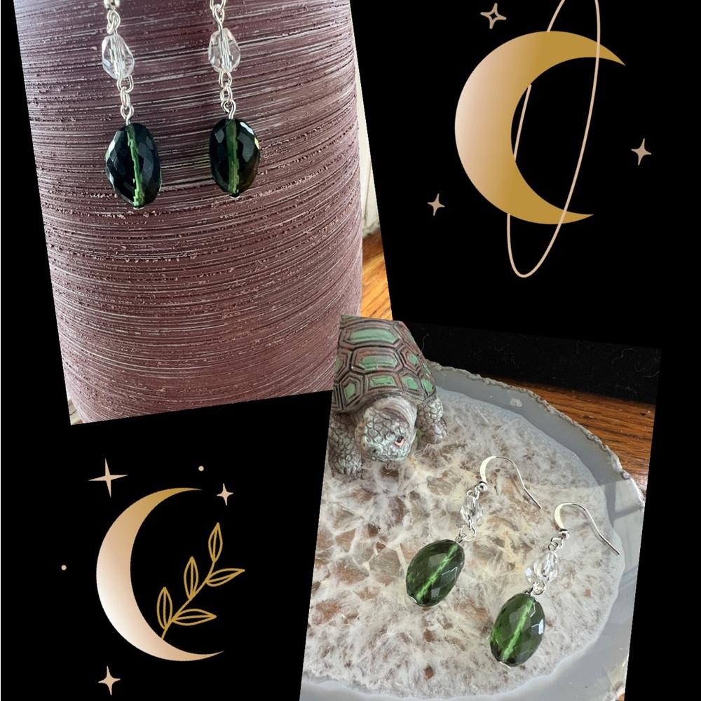Hand Crafted Green Moldavite and Silver Earrings with Crystal Accents